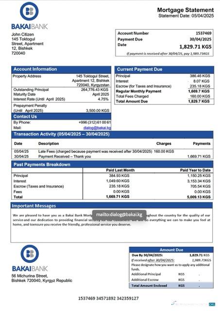 Download Kyrgyzstan Bakai Bank mortgage statement Word and PDF template Photoshop template